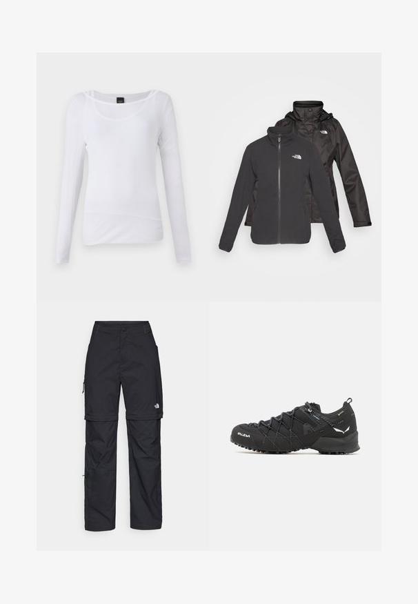 Juodos spalvos dvigubas švarkas: su užtrauktuku, vilnonis pamušalas su iškilniu apykakle ir vandeniui atspari išorinė danga su kapišonu; abiejuose sluoksniuose yra logotipai.; Baltas ilgomis rankovėmis marškinėliai, pagaminti iš lengvos medžiagos. Suapvalintas iškirpimas ir prigludusi forma, turi minimalų siūlių kiekį.; Juodos nailoninės krovinių kelnės su reguliuojamais rankovėmis, daugybe kišenių ir logo ant dešinės kojos. Lygi, lengva tekstūra.; Juodi žygio batai su tekstūruotu audiniu, raišteliais ir tvirtu guma padu. Papuošti atspindinčiomis detalėmis ir logotipais.