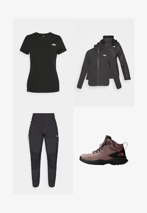 Must purjestik mustas: lukuga fliis seest ja veekindel kest kapuutsiga; sisaldab logo mõlemal kihil.; Mustvalge puuvillane t-särk, millel on ümber kaeluse lõige ja lühikesed varrukad. Märkimisväärne valge logo vasakul ülal nurgas. Sile tekstuur, mugav lõige.; Must black välitingimustes püksid, mis on valmistatud vastupidavast kangast. Omavad lukugaTaskuid, tugevdatud põlvepaneele ja sirget lõiget liikuvuse tagamiseks.; Tolmu roosa matkajalats, millel on mustad aksendid, reljeefne ülemine osa, nööbistamissüsteem ja robustne välispind, mis tagab haarde.