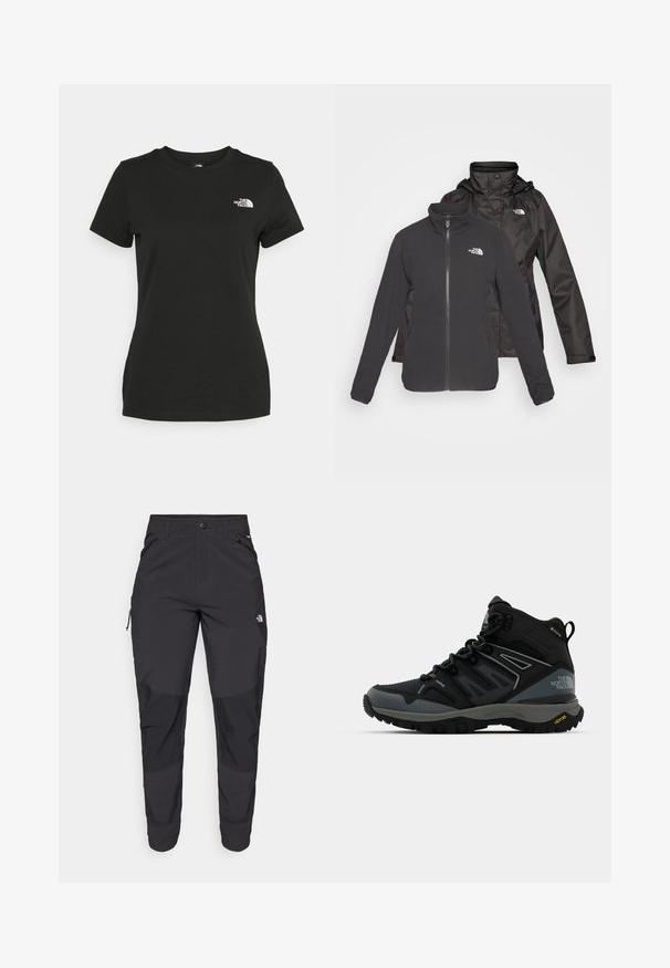 Dvouvrstvá černá bunda: fleecová bunda se zipem vpředu a stojáčkem, plus nepromokavá vrchní vrstva s kapucí; obsahuje loga na obou vrstvách.; Černé bavlněné tričko s kulatým výstřihem a krátkými rukávy. Výrazné bílé logo na horní levé straně. Hladká textura, ležérní střih.; Černé venkovní kalhoty vyrobené z odolné tkaniny. Mají zipové kapsy, zesílené kolenní panely a rovný střih pro větší pohyblivost.; Středně vysoká turistická bota v černé a šedé barvě. Má strukturovaný svršek, zesílenou špičku a podrážku Vibram pro lepší trakci. Lehký design.