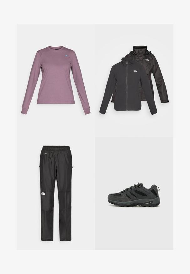 Twee-laags jack in het zwart: een fleece met ritssluiting aan de voorkant en een sportieve kraag, gecombineerd met een waterdichte buitenlaag met capuchon; bevat logo's op beide lagen.; Langarmshirt in gedempt lavendel. Gemaakt van zachte stof met een ronde hals, met een klein blauw logo op de borst en aansluitende mouwen.; Zwarte waterdichte broek van lichtgewicht stof, uitgerust met een elastische tailleband, zijzakken en een logo op het linkerpijp.; Columbia REDMOND - Outdoorschoenen - black/citron haze