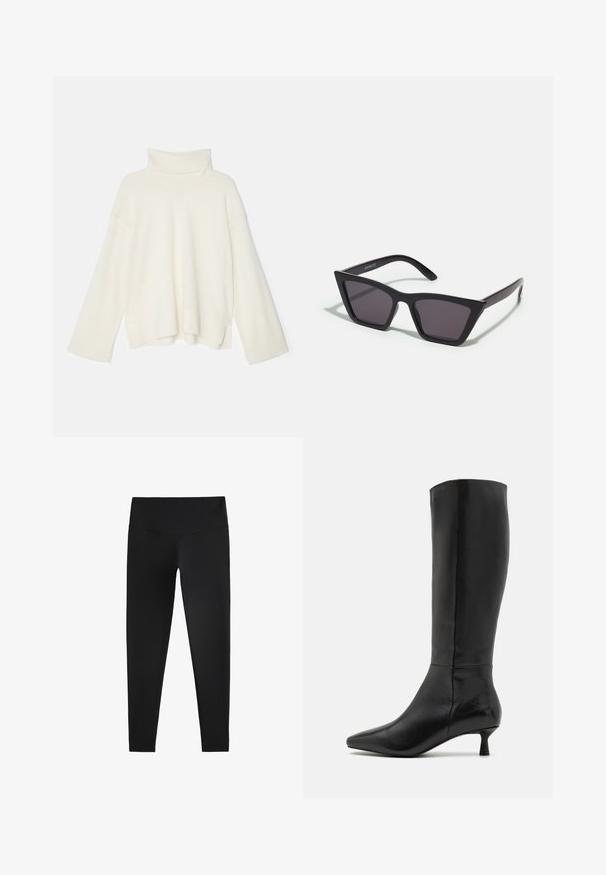 IVY OAK CLEMENCE - Klassisk kappa / rock - black; Ljus krämfärgad polokragetröja, oversized passform, ribbad textur, sänkta axlar och vida ärmar, tillverkad av ett mjukt stickat tyg.; Svarta leggings tillverkade av stretchigt tyg, med hög midja och en mjuk yta, designade för komfort och flexibilitet.; Zign Stövel - black; Svarta, vinklade solglasögon med grå linser; tillverkade av plast, med tjocka skalmar med en slät yta och utan synlig hårdvara.; Svart läder tote-väska med två förlängda handtag, en strukturerad form, slät textur och minimalistisk design. Inga synliga beslag eller detaljer.