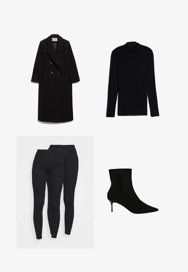 IVY OAK CLEMENCE - Klassisk frakke - black; Sort langærmet top med en cowl-hals, lavet af et blødt, glat stof; tætsiddende design med lige kant og uden synlige sømme.; Sorte leggings med elastisk talje, lavet af en glat, strækbar stof. Har et tætsiddende design, der smalner ind ved anklerne.; Sort ruskindsankelstøvle med spidse tæer og en slank stilettohæl. Glat tekstur og tætsiddende silhuet, som fremhæver designet.