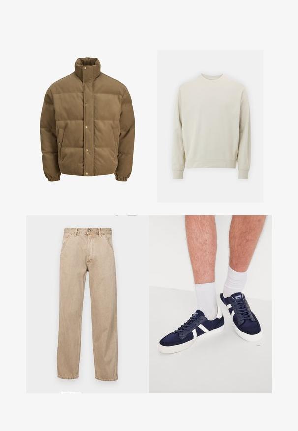 Chaqueta de plumón de pana marrón con cuello alto, botones a presión, puños elásticos y bolsillos laterales, exhibida sobre un fondo blanco.; Sudadera de color beige claro, hecha de una tela suave, con cuello redondo, mangas largas y puños y dobladillo acanalados. Diseño minimalista, sin patrones visibles.; Jeans de mezclilla beige con un diseño de pierna recta, que cuentan con bolsillos frontales, cierre de botón de metal y una textura sutil.; Zapatillas azul marino con detalles y cordones blancos, que presentan un diseño elegante, materiales de lona y goma, con la puntera y los laterales texturizados.