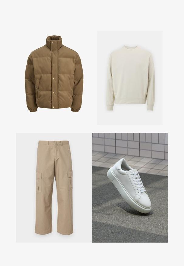 Ruskea corduroy-pufferttake, jossa on korkea kaulus, nepparit, elastiset hihansuut ja sivutaskut, esillä valkoista taustaa vasten.; Vaaleanbeige huppari, joka on valmistettu pehmeästä kankaasta, jossa on pyöreä kaula-aukko, pitkät hihat sekä joustavat hihansuut ja helma. Minimalistinen muotoilu, ilman näkyviä kuvioita.; Beige cargo-housut suoralinjaisella muotoilulla, joissa on kaksi sivutaskua ja normaali napitus vyötäröllä. Sujuva puuvillakangas.; Valkoinen nahkainen lenkkari, jossa on sileä pinta, pyöreä kärki ja tasaiset valkoiset nauhat. Varustettu teksturoidulla kumi-pohjalla ja vähäisillä muotoiluelementeillä.