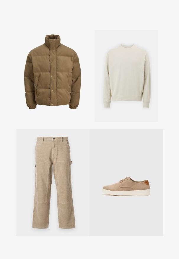 Brown corduroy puffer jacket with high collar, snap buttons, elastic cuffs, and side pockets, displayed on a white background.; Light beige sweatshirt made of soft fabric with a crew neck, long sleeves, and ribbed cuffs and hem. Minimalist design, no visible patterns.; Beige corduroy trousers with a straight leg, featuring side pockets and reinforced knee patches. Textured fabric with vertical ribbing.; Beige suede sneakers with a rounded toe, lace-up front, and a textured back accent. White rubber sole provides contrast. Simple and modern design.