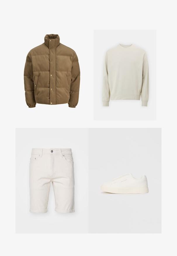 Casaco puffer de veludo cotelê castanho com colarinho alto, botões de pressão, punhos elásticos e bolsos laterais, exibido sobre um fundo branco.; Sweatshirt bege claro feito de um tecido suave, com decote redondo, mangas compridas e punhos e barra canelados. Design minimalista, sem padrões visíveis.; Calções de ganga brancos em algodão com as bainhas enroladas, apresentando cinco bolsos, fecho de botão e uma textura subtil.; Sapatilhas brancas de atacar com uma superfície texturizada, sola grossa e design minimalista. Possui o logo da marca na lateral.