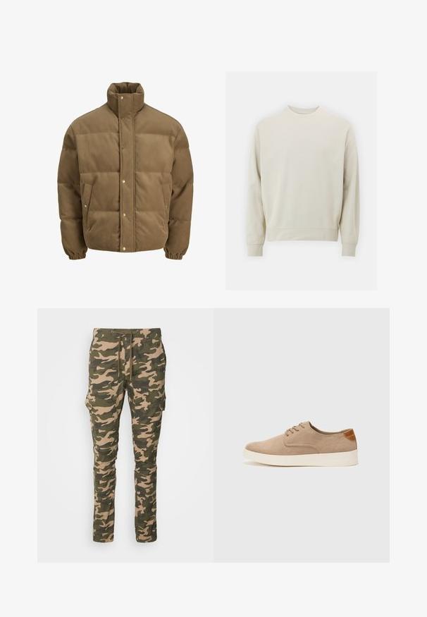 Veste matelassée en corduroy marron avec col haut, boutons pression, poignets élastiques et poches latérales, présentée sur un fond blanc.; Sweatshirt beige clair en tissu doux avec un col rond, des manches longues et des poignets et un ourlet côtelés. Design minimaliste, sans motifs visibles.; Pantalons cargo camouflés en vert et beige, en tissu à la texture lisse. Comprend des poches latérales et une taille élastique avec cordon de serrage.; Baskets en daim beige avec un embout arrondi, un laçage sur le devant et un accent texturé à l'arrière. La semelle en caoutchouc blanche offre un contraste. Design simple et moderne.