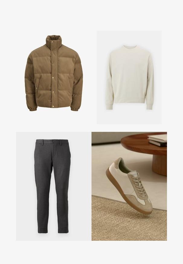 Smeđi puffer jakna od kordura s visokim ovratnikom, dugmadi na preklop, elastičnim manžetama i bočnim džepovima, prikazana na bijeloj pozadini.; Svijetlosmeđa majica s dugim rukavima izrađena od mekanog materijala, s okruglim izrezom i rebrastim manžetama i rubom. Minimalistički dizajn, bez vidljivih uzoraka.; Only & Sons MARK CHECK - Chino hlače - coffee bean; Lagani sportski model s gornjim dijelom od bijele kože s bež suedinim detaljima, okruglim vrhom i teksturiranim smeškim gumiranim potplatom.