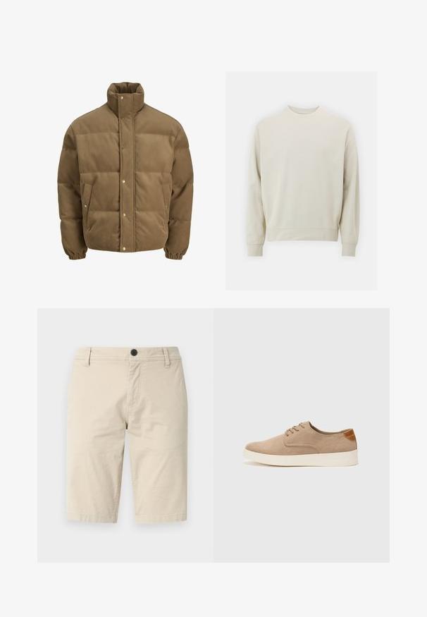 Chaqueta de plumón de pana marrón con cuello alto, botones a presión, puños elásticos y bolsillos laterales, exhibida sobre un fondo blanco.; Sudadera de color beige claro, hecha de una tela suave, con cuello redondo, mangas largas y puños y dobladillo acanalados. Diseño minimalista, sin patrones visibles.; Pantalones cortos beige de tela ligera, con frente plano, cierre de un botón y dos bolsillos laterales; textura suave.; Zapatillas de ante beige con puntera redondeada, cordones en la parte delantera y un acento texturizado en la parte trasera. La suela de goma blanca proporciona contraste. Diseño sencillo y moderno.