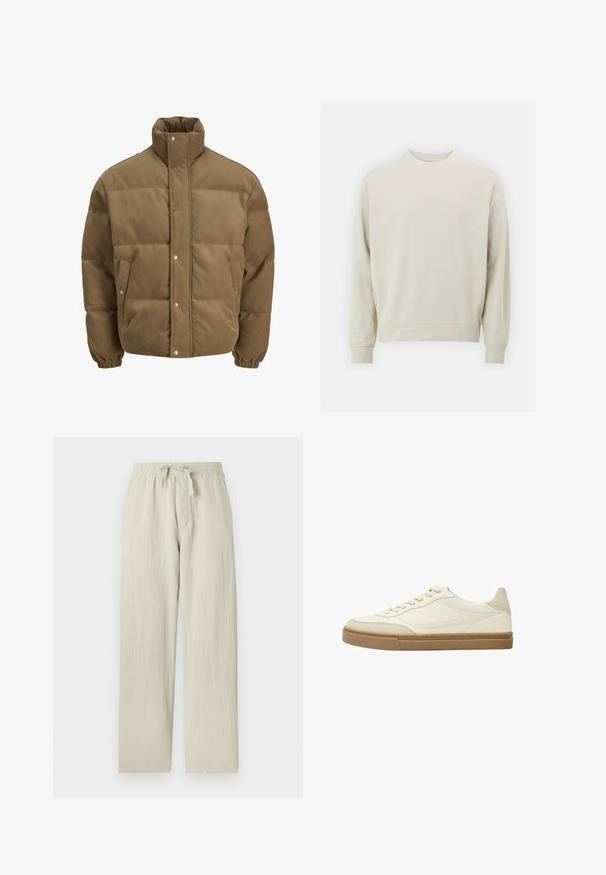 Ruskea corduroy-pufferttake, jossa on korkea kaulus, nepparit, elastiset hihansuut ja sivutaskut, esillä valkoista taustaa vasten.; Vaaleanbeige huppari, joka on valmistettu pehmeästä kankaasta, jossa on pyöreä kaula-aukko, pitkät hihat sekä joustavat hihansuut ja helma. Minimalistinen muotoilu, ilman näkyviä kuvioita.; Vaaleanharmaat, leveälahkeiset housut, jotka on valmistettu pehmeästä ja teksturoituneesta kankaasta. Siinä on joustava vyötärö, jossa on nyöri, sekä sivutaskut.; Valkoinen nahkainen matalan varren tenniskenkä, jossa on beige korostuksia ja teksturoitu kumipohja. Ominaisuuksiin kuuluu sävyttämätön ompelu ja pyöristetty nenämuoto.