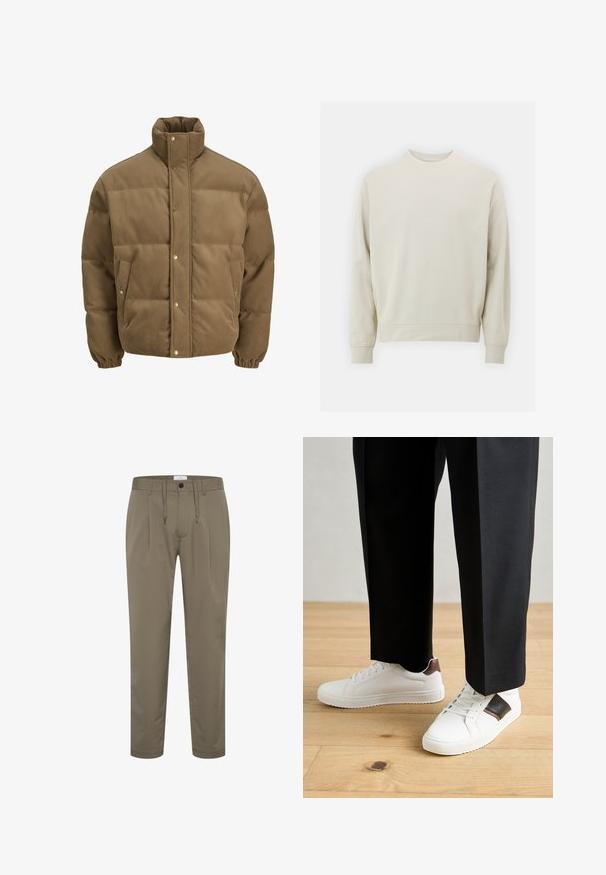 Brązowa puchowa kurtka z korduroy z wysokim kołnierzem, zatrzaskami, elastycznymi mankietami i bocznymi kieszeniami, wystawiona na białym tle.; Jasnobeżowa bluza wykonana z miękkiego materiału, z okrągłym dekoltem, długimi rękawami oraz ściągaczami przy mankietach i hemie. Minimalistyczny design, bez widocznych wzorów.; Spodnie w odcieniu oliwkowym, wykonane z gładkiego materiału, o luźnym kroju, z elastycznym pasem i troczkiem, oraz z dwoma przednimi zakładkami dla dodatkowego designu.; Białe trampki o gładkiej fakturze, z brązowymi skórzanymi akcentami i czarnymi detalami, zestawione z czarnymi eleganckimi spodniami. Tło stanowi drewniana podłoga.