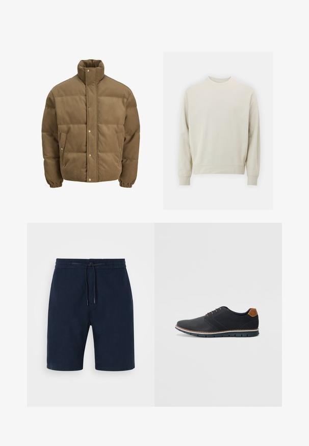 Brūns korduroja pufersjakas ar augstu apkakli, spiedpogu aizdari, elastīgām aprocēm un sānu kabatām, izstādīta uz baltā fona.; Gaišs bežs džemperis, kas izgatavots no mīkstas auduma, ar noapaļotu kakla izgriezumu, garām piedurknēm un ribotām aprocēm un apakšmalu. Minimālistisks dizains, bez redzamām rakstām.; Tumši zili šorti, izgatavoti no mīksta auduma, ar elastīgu jostasvietu un auklu, sānu kabatām un taisnām kājām.; Melni sintētiskie apavi ar struktūru augšdaļā, gludu akcentu, brūnu papēdi un kontrastējošu zoli. Iezīmē minimālu šņorēšanu un šuvju detaļas.