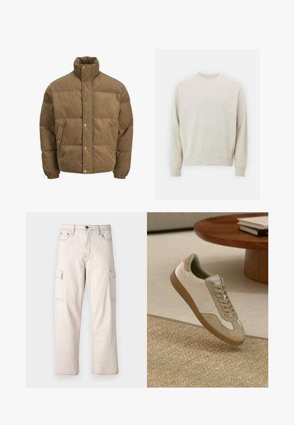 Chaqueta de plumón de pana marrón con cuello alto, botones a presión, puños elásticos y bolsillos laterales, exhibida sobre un fondo blanco.; Sudadera de color beige claro, hecha de una tela suave, con cuello redondo, mangas largas y puños y dobladillo acanalados. Diseño minimalista, sin patrones visibles.; Pantalones cargo beige de algodón, con dos bolsillos laterales, diseño de pierna recta y detalles de costura en contraste.; Zapatillas ligeras con parte superior de cuero blanco y detalles en gamuza beige, punta redonda y suela de goma marrón texturizada.