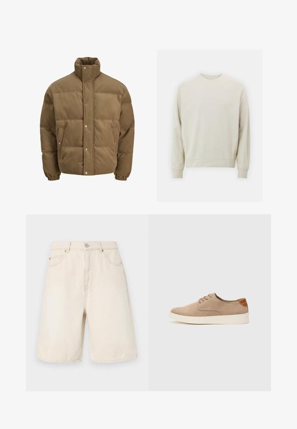 Hnědá kordurová péřová bunda s vysokým límcem, patkovými knoflíky, elastickými manžetami a bočními kapsami, vystavená na bílém pozadí.; Světle béžová mikina vyrobená z jemné látky s kulatým výstřihem, dlouhými rukávy a pružnými manžetami a spodním lemem. Minimalistický design, bez viditelných vzorů.; Krémové denimové šortky s vysokým pasem, vybavené zapínáním na knoflík a zip, předními kapsami a prošíváním podél lemování.; Béžové semišové tenisky s kulatou špičkou, šněrováním vpředu a texturovaným zadním akcentem. Bílá gumová podrážka poskytuje kontrast. Jednoduchý a moderní design.