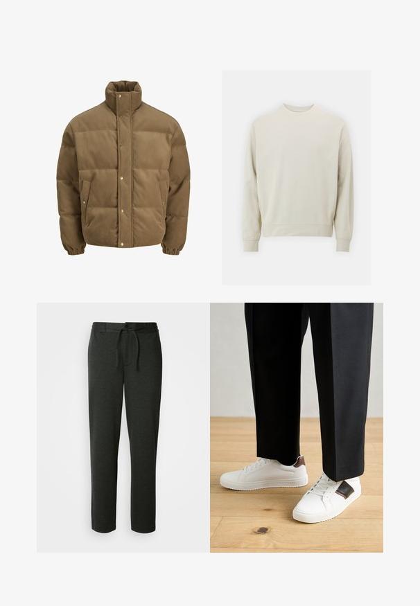 Brown corduroy puffer jacket with high collar, snap buttons, elastic cuffs, and side pockets, displayed on a white background.; Light beige sweatshirt made of soft fabric with a crew neck, long sleeves, and ribbed cuffs and hem. Minimalist design, no visible patterns.; Dark grey sweatpants made of soft cotton blend. Features elastic waistband with drawstring and side pockets. Straight-leg design.; White sneakers with smooth texture, featuring brown leather accents and black detailing, paired with black tailored pants. Wooden floor background.