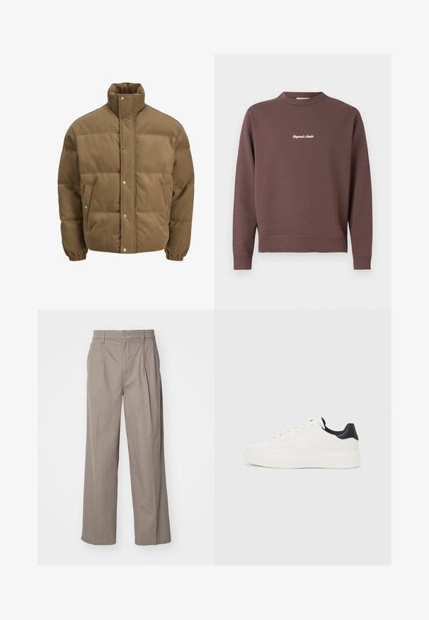 Brown corduroy puffer jacket with high collar, snap buttons, elastic cuffs, and side pockets, displayed on a white background.; Brown sweatshirt with a crew neck, ribbed hem and cuffs. Features white embroidered text "Original Studio" on the chest. Cotton blend material.; Beige wide-leg trousers made of cotton blend, featuring pleats and a button closure. Smooth texture with stitched hems.; White leather sneaker with embossed pattern, textured white midsole, and black heel accent. Features rounded toe and flat laces.