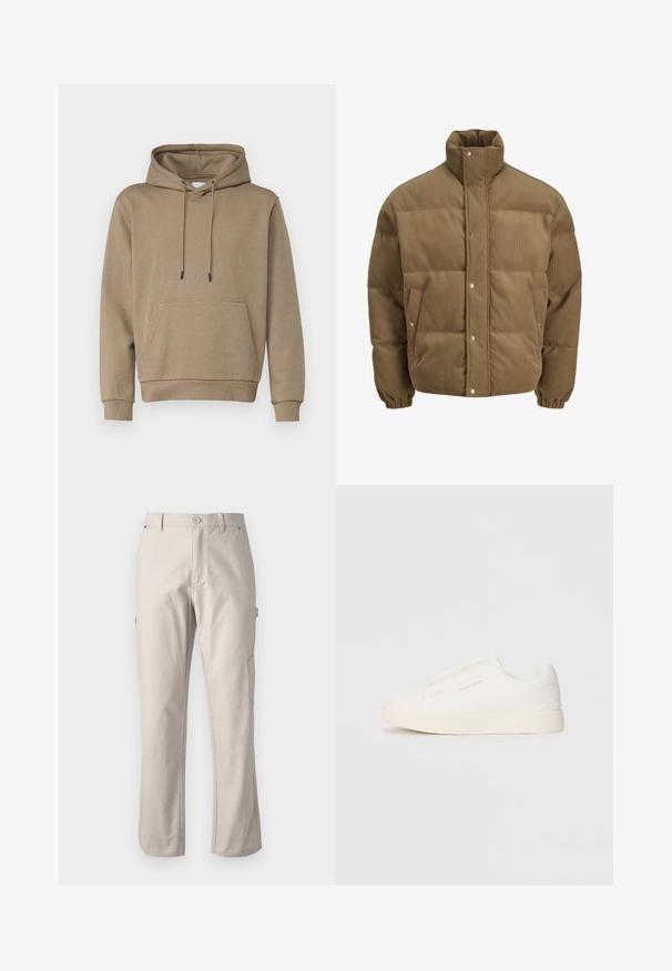 Barna kordbársony pufikabát magas gallérral, patentgombokkal, rugalmas mandzsettákkal és oldalsó zsebekkel, fehér háttéren bemutatva.; Világosbarna kapucnis pulóver, puha anyagból készült. Elöl nagy zsebe van és bordás mandzsettákkal rendelkezik. Egyszerű dizájn, húzózsinórral.; Káva színű katonai stílusú nadrág erős pamutból, egyenes lábakkal, elülső gombos záródással és oldalsó zsebekkel a funkcionalitás érdekében. Simább textúrával és diszkrét varrásokkal.; Fehér slip-on sportcipők texturált felülettel, vastag talppal és minimalista dizájnnal. Az oldalon a márka logója található.