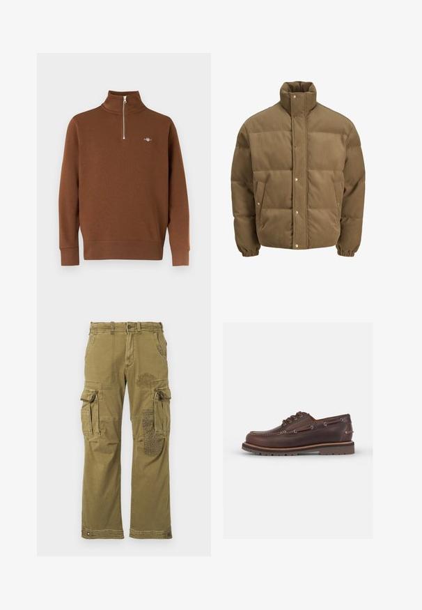 Pruunist kootud puffer-jope kõrge kraega, nööbid, elastsed mansetid ja küljetaskud, esitatud valgel taustal.; Pruun poollukuga pullover koos kõrge kraega. Valmistatud pehmest kangast, varustatud soonikkoes varrukate ja väikese logoga rinnal.; Pikkade varrukatega ruuduline särk lillade ja roosa tooni, millel on nööpidega krae ja mustad nööbid, valmistatud pehmest kangast, millel on sile tekstuur.; Olive rohelised cargo püksid mitme taskuga, millel on mustriga plaastrid paremal jalal ja tugevdustatud õmblused. Lõdva istuvuse ja kangakvaliteediga.; Pruunist nahast paadikingad, ümarate varvastega, kuu silmaga, kontrastsetel õmblustel ja tekstureeritud kummitald.