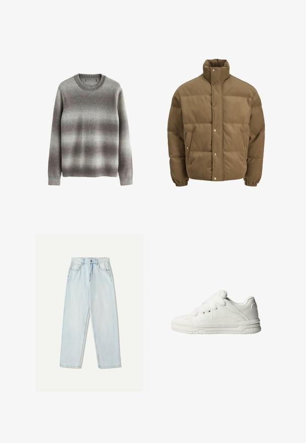 Brown corduroy puffer jacket with high collar, snap buttons, elastic cuffs, and side pockets, displayed on a white background.; Gray sweater made of soft material, featuring a classic crew neck, ribbed cuffs and hem, with a gradient pattern in lighter and darker shades.; Light blue denim jeans with a relaxed fit, straight leg design, five-pocket styling, and subtle fading on the fabric.; White sneakers with a smooth leather exterior, cushioned tongue, flat laces, and textured accents on the sides and heel.