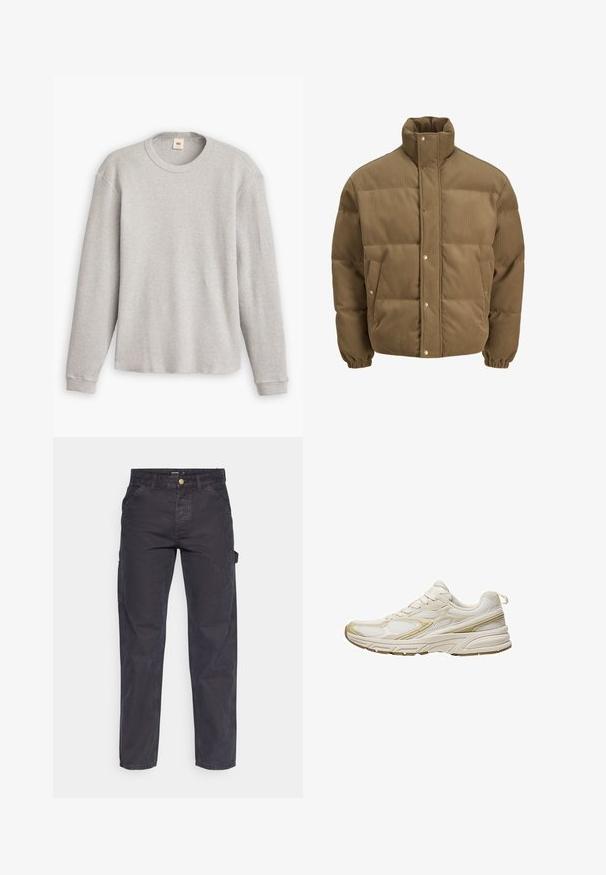 Barna kordbársony pufikabát magas gallérral, patentgombokkal, rugalmas mandzsettákkal és oldalsó zsebekkel, fehér háttéren bemutatva.; Szürke, hosszú ujjú kötött pulóver bordás textúrával, kerek nyakkivágással és egyenes aljjal. Az ujjak szorosak, puha anyagból készültek.; Sötétszürke cargo nadrág tartós anyagból, egyenes szárú fazonnal, öt zsebbel és gombos derékzárral.; Fehér sportcipők, amelyek hálós és szintetikus anyagból készültek, lekerekített orral, párnázott talppal és bézs díszítésekkel az oldalán.