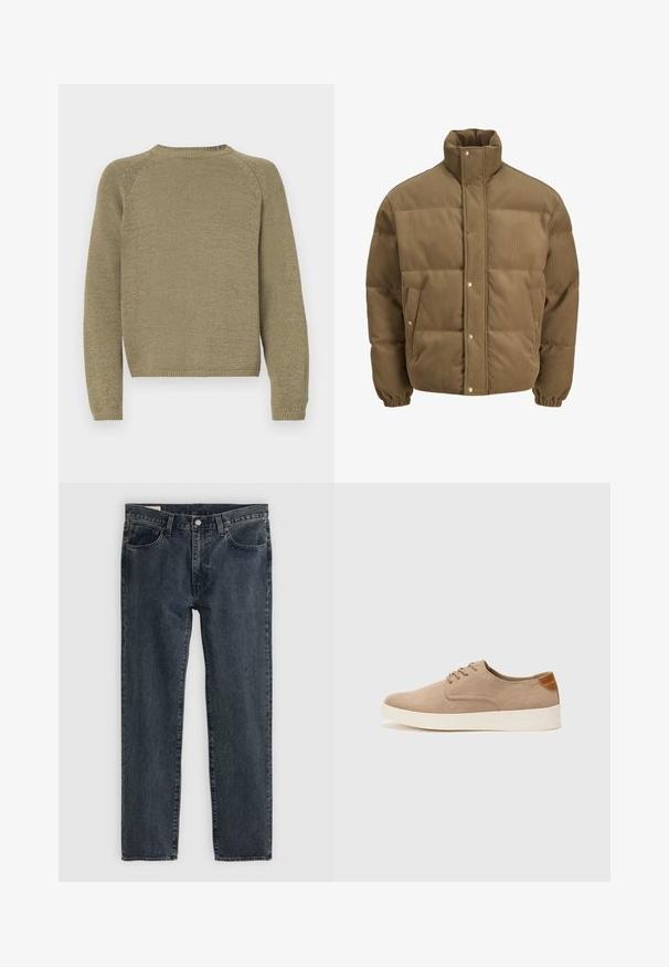 Bruine ribfluwelen pufferjack met hoge kraag, drukknoopsluiting, elastische manchetten en zijzakken, weergegeven op een witte achtergrond.; Olijfgroen sweater met een gestructureerd breisel, raglanmouwen en een ronde halslijn. De zoom en manchet zijn geribd.; Donkerblauwe denim jeans met een recht model, vijf zakken en een knoopsluiting. De stof toont een subtiele vervaging en textuur.; Beige suède sneakers met een ronde neus, vetersluiting aan de voorkant en een getextureerde achteraccent. De witte rubberen zool zorgt voor contrast. Eenvoudig en modern ontwerp.