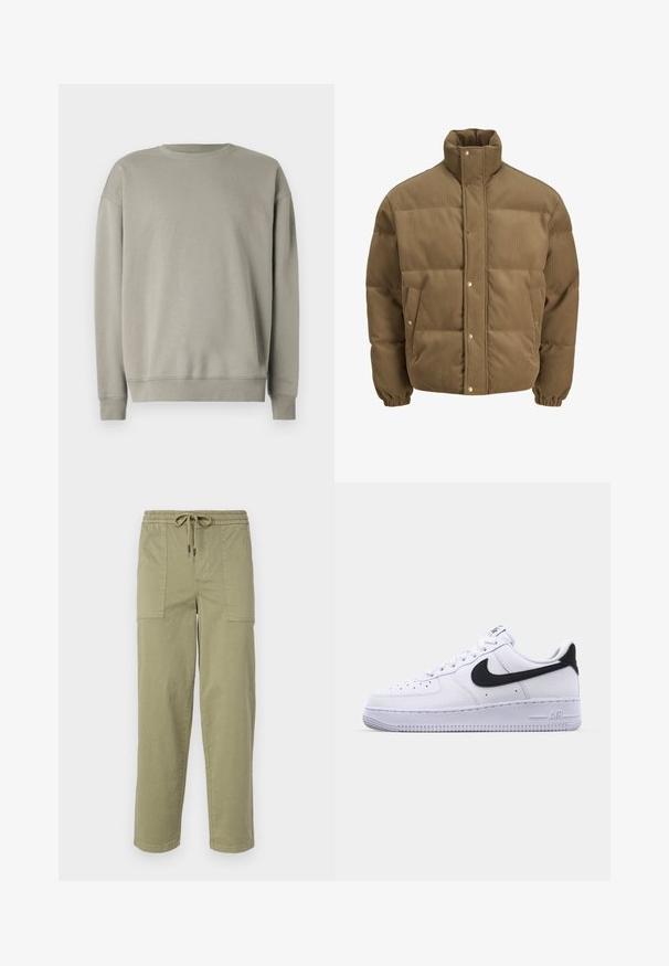 Rudos spalvos švarkas su raišteliu, turintis aukštą apykaklę, užsegamus mygtukais, elastines rankoves ir šonines kišenes, eksponuojamas ant balto fono.; Šviesiai pilka sportinė palaidinė su paprastu apykaklės iškirpimu, ilgomis rankovėmis ir veliūriniais rankogaliais, pagaminta iš švelnios medžiagos su lygiu paviršiumi.; Šviesiai alyvuogių žalios spalvos kelnės, pagamintos iš medvilnės mišinio, su elastingu liemeniu ir raišteliu, bei dviem didelėmis šoninėmis kišenėmis.; Balti odiniai sportbačiai su tekstūruota juoda Swoosh, plokščiomis raišteliais ir guminėmis padangomis, turinčiomis griovelio raštą. Ant kulno yra įspaustas užrašas "AIR".