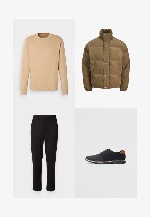 Chaqueta de plumón de pana marrón con cuello alto, botones a presión, puños elásticos y bolsillos laterales, exhibida sobre un fondo blanco.; Sudadera beige hecha de una tela suave, con cuello redondo, mangas largas, puños acanalados y un minimalista bordado del logo en el pecho.; Pantalones negros de tela ligera, con pierna recta, cierre frontal con botón, trabillas para cinturón y bolsillos laterales.; Zapatos sintéticos negros con un upper texturizado, acentos lisos, tacón marrón y una suela en contraste. Presenta un cordón mínimo y detalles de costura.