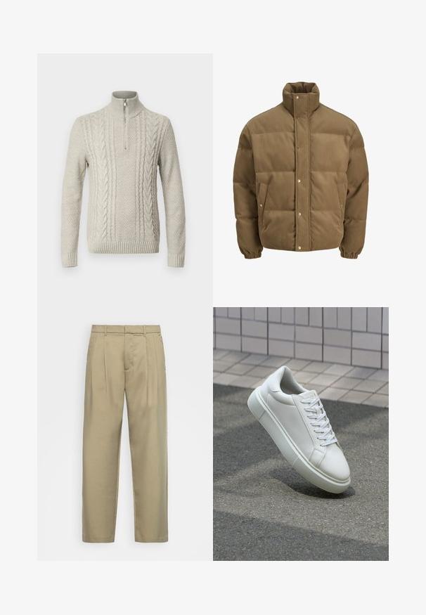 Brūns korduroja pufersjakas ar augstu apkakli, spiedpogu aizdari, elastīgām aprocēm un sānu kabatām, izstādīta uz baltā fona.; Gaiši pelēks adīts džemperis ar augstu apkakli un pusi rāvējslēdzēja. Satur teksturētas faktūras ar virvju adījuma detaļām un ribotiem aprocēm.; Bēša, augstās jostas bikses ar taisnu piegriezumu, ar plakanu priekšpusi, sānu kabatām un gludu, teksturētu audumu.; Baltas ādas sporta apavi ar gludu virsmu, apaļu pirkstu un plakanām baltām šņorēm. Iezīmējas ar strukturētu gumijas zoli un minimālisma dizaina elementiem.