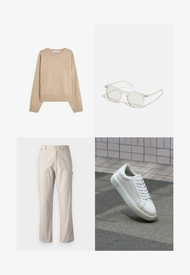Rjav cordurojasti puhovnik z visokim ovratnikom, zaponkami na gumbe, elastičnimi manšetami in stranskimi žepi, prikazan na beli podlagi.; Bežna pulover iz mehke, strukturirane pletenine. Ima okroglo ovratnik, rebraste manšete in skrajšan rob z spuščenimi ramenimi šivi.; Bež hlače iz trpežne bombažne tkanine s ravnimi nogavicami, sprednjim gumbom za zapiranje in stranskimi žepi za praktičnost. Gladka tekstura z diskretnimi šivi.; Bela usnjena teniska obutev z gladko površino, okroglo konico in ravnimi belimi vezalkami. Ima teksturiran gumijast podplat in minimalne oblikovalske elemente.; Okrogle sončna očala s prozornim okvirjem, svetlo zelenimi lečami in tankimi, prozornimi ročaji. Imajo subtilne kovinske poudarke na okviru.; Bela biserna ogrlica z enakomerno okroglo obliko, gladko površino in kovinsko zaponko z raztegnjeno verigo za prilagodljivo dolžino.