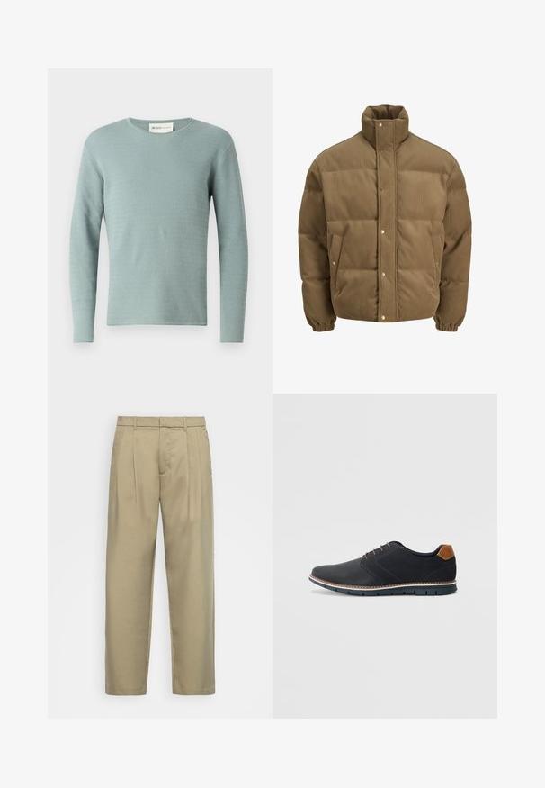 Pruunist kootud puffer-jope kõrge kraega, nööbid, elastsed mansetid ja küljetaskud, esitatud valgel taustal.; Hele sinine pikakäiselise kampsuni, millel on tekstuuriga laine muster, ümar kaelus ja soonikkoes mansetid. Valmistatud kudumiskangast, sile tekstuur.; Beežid, kõrge vöökoht ja sirge lõikega püksid, millel on lame esiosa, küljetaskud ja sile, tekstuuriga kangas.; Mustavad sünteetilised jalatsid tekstureeritud pealsega, siledad aktsendid, pruun kand ja kontrastne tall. Omab minimaalset lukkude ja õmbluste dekoratsiooni.