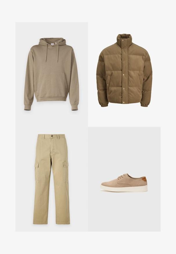 Casaco puffer de veludo cotelê castanho com colarinho alto, botões de pressão, punhos elásticos e bolsos laterais, exibido sobre um fundo branco.; Sweatshirt com capuz em tecido castanho claro, apresentando um bolso canguru na frente, punhos canelados e um design de ajuste solto.; Calças cargo bege feitas de algodão, com dois bolsos laterais, fecho de botão e pernas retas com um tecido ligeiramente texturizado.; Sapatilhas de camurça bege com bico arredondado, fecho de atacadores na parte da frente e um detalhe texturizado na parte de trás. A sola de borracha branca proporciona contraste. Design simples e moderno.