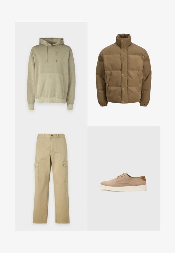 Rudos spalvos švarkas su raišteliu, turintis aukštą apykaklę, užsegamus mygtukais, elastines rankoves ir šonines kišenes, eksponuojamas ant balto fono.; Kaki spalvos džemperis su reguliuojamu gobtuvu, kengūros kišenėmis ir raukšlėmis ant rankovių. Pagamintas iš minkštos medžiagos su lygiu paviršiumi.; Kreminės spalvos cargos kelnės, pagamintos iš medvilnės, su dviem šoninėmis kišenėmis, mygtukų užsegimu ir tiesiomis kojomis, šiek tiek tekstūruotu audiniu.; Bežiniai zomšiniai sportbačiai su apvaliomis pirštų dalimis, raišteliais priekyje ir tekstūruotu užkulniu. Balta guma suteikia kontrastą. Paprastas ir modernus dizainas.