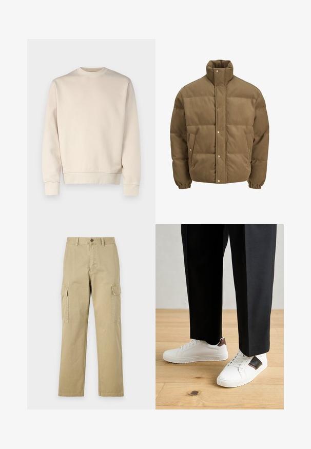 Smeđi puffer jakna od kordura s visokim ovratnikom, dugmadi na preklop, elastičnim manžetama i bočnim džepovima, prikazana na bijeloj pozadini.; Bež dukserica u opuštenom kroju, s okruglim izrezom, dugim rukavima, rebrastim manžetama i donjim rubom. Glatka tekstura s minimalnom dekoracijom.; Bež cargo hlače izrađene od pamuka, s dva bočna džepa, zatvaranjem na gumb i ravnim nogavicama od blago teksturirane tkanine.; Bijele tenisice s glatkom teksturom, s smešnim kožnim detaljima i crnim naglascima, u kombinaciji s crnim krojenim hlačama. Pozadina od drvenog poda.