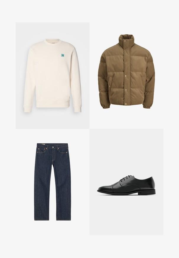 Braune Cord-Puffjacke mit hohem Kragen, Druckknöpfen, elastischen Bündchen und Seitentaschen, auf einem weißen Hintergrund präsentiert.; Cremfarbener Pullover aus weichem Stoff, mit rundem Ausschnitt, gerippten Bündchen, geradem Saum und einem kleinen blauen Emblem auf der Brust.; Dunkelblaue Jeans aus Denim mit geradem Schnitt, versehen mit Kupferrivets, gelben Nähten und frontalen Taschen. Glatte Textur mit minimalen Designdetails.; Schwarzer Leder-Dieerschuh mit runder Zehenform, Schnürdesign, dezenten Nähdetails und niedrigem Absatz. Glatte Textur mit polierter Oberfläche.