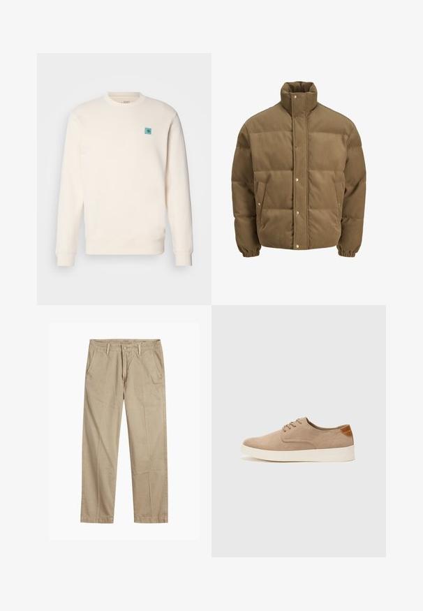 Jachetă puffer din catifea călduță, de culoare maro, cu guler înalt, nasturi cu capse, manșete elastice și buzunare laterale, expusă pe un fundal alb.; Hanorac crem dintr-un material moale, având un guler rotund, manșete ribelate, un tiv drept și un mic emblema albastră pe piept.; Chino bej cu picior drept, cu bucle pentru curea, închidere cu nasture și fermoar în față, și buzunare laterale înclinate.; Tenisi din suede bej cu vârf rotund, sistem de șireturi în față și un accent texturat în spate. Talpa albă din cauciuc oferă un contrast. Design simplu și modern.