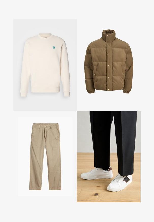 Jachetă puffer din catifea călduță, de culoare maro, cu guler înalt, nasturi cu capse, manșete elastice și buzunare laterale, expusă pe un fundal alb.; Hanorac crem dintr-un material moale, având un guler rotund, manșete ribelate, un tiv drept și un mic emblema albastră pe piept.; Chino bej cu picior drept, cu bucle pentru curea, închidere cu nasture și fermoar în față, și buzunare laterale înclinate.; Sneakers albe cu textură netedă, având accente din piele maro și detalii negre, asociate cu pantaloni negri pe măsură. Fundal din podea din lemn.