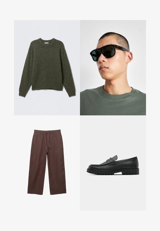 Hnedý kordurovkový bomber s vysokým golierom, sponami, elastickými manžetami a postrannými vreckami, vystavený na bielom pozadí.; Olivovo zelený pletený sveter s okrúhlym výstrihom, dlhými rukávmi a rebrovanými manžetami. Mäkká textúra a voľný strih, s pásom, ktorý je mierne skrátený.; Hnedé ľanové nohavice s širokými nohavicami a šnúrkou v páse, s dvoma bočnými vreckami a ľahkým, štruktúrovaným materiálom.; Čierne kožené mokasíny s okrúhlou špičkou, s prešitým dizajnom, nízkou platformou a textúrovanou, zúbkovanou gumovou podrážkou.; Čierne obdĺžnikové slnečné okuliare s tmavými sklami, s charakteristickým tvarom a značkou na ramene. Nosí ich osoba v zelenej košeli.
