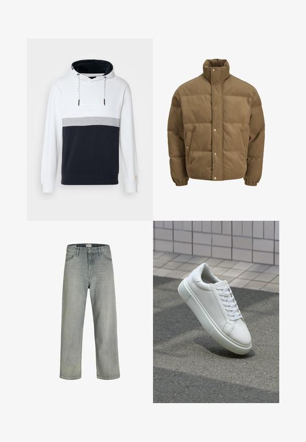 Braune Cord-Puffjacke mit hohem Kragen, Druckknöpfen, elastischen Bündchen und Seitentaschen, auf einem weißen Hintergrund präsentiert.; Kapuzensweatshirt mit Farbkombinationen in Weiß, Grau und Marineblau. Weicher Baumwollstoff, ausgestattet mit einer Kordelzugkapuze und gerippten Bündchen.; Hellgraue, locker sitzende Jeans aus Denim. Verfügt über ein klassisches Fünf-Taschen-Design, Gürtelschlaufen und eine gerade Bein-Silhouette.; Weiße Leder-Sneaker mit glatter Oberfläche, runder Zehenpartie und flachen weißen Schnürsenkeln. Verfügt über eine strukturierte Gummisohle und minimalistische Designelemente.