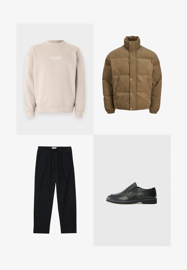 Casaco puffer de veludo cotelê castanho com colarinho alto, botões de pressão, punhos elásticos e bolsos laterais, exibido sobre um fundo branco.; Sweatshirt bege feito de tecido suave com um design de gola redonda. Apresenta um logótipo em texto branco no peito e punhos e bainha canelados.; Pier One Chinos - black; Sapato slip-on preto em pele com um upper liso, acabamentos cosidos, bico arredondado e um salto de borracha baixo. A sola apresenta um padrão de aderência mínimo.