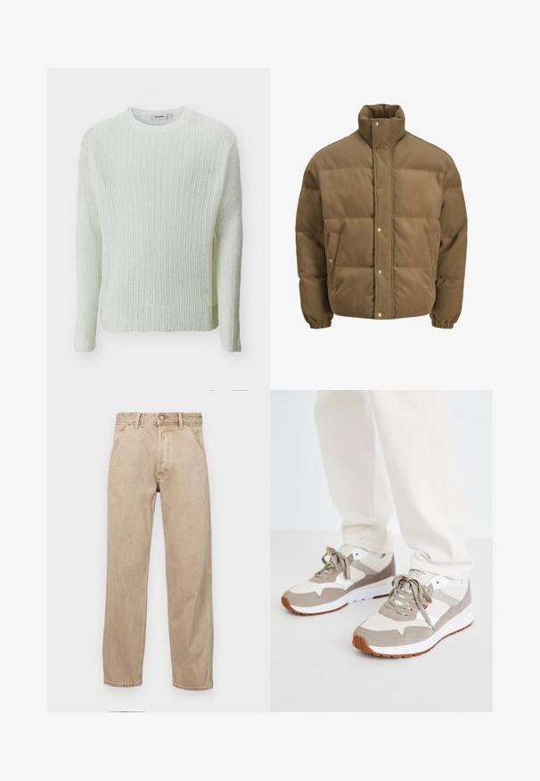 Veste matelassée en corduroy marron avec col haut, boutons pression, poignets élastiques et poches latérales, présentée sur un fond blanc.; Weekday JORDAN REGULAR - Pullover - white; Jeans en denim beige avec une coupe droite, dotés de poches avant, d'une fermeture à bouton en métal et d'une texture subtile.; Baskets beiges et grises avec un mélange de matériaux en daim et en mesh. Caractéristiques d'une semelle intermédiaire blanche et d'une semelle extérieure en caoutchouc façon gomme. Design classique à lacets.