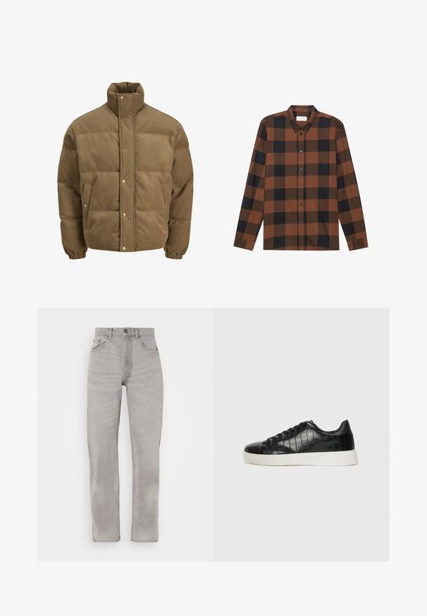 Jachetă puffer din catifea călduță, de culoare maro, cu guler înalt, nasturi cu capse, manșete elastice și buzunare laterale, expusă pe un fundal alb.; Cămașă cu mânecă lungă, cu carouri maro și negre, confecționată dintr-un material cu guler butonat și placket butonat; are mâneci cu manșete.; Jeans din denim gri cu un design drept, având cinci buzunare, închidere cu nasture și fermoar, și detalii subtile de decolorare pe întreaga suprafață.; Tenisi negri cu un exterior din piele texturată imitată crocodil, vârf rotund și o talpă din cauciuc alb contrastant, cu un finisaj neted.
