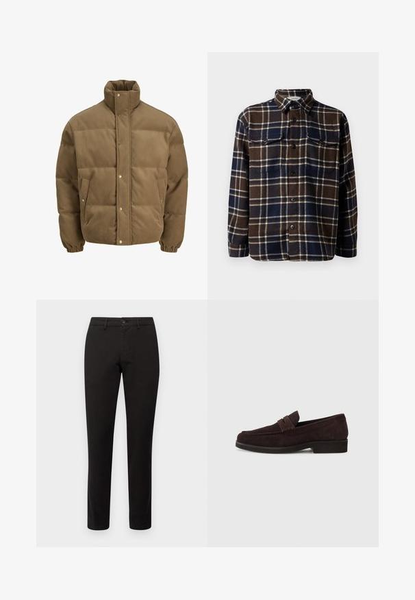 Giacca puffer in corduroy marrone con colletto alto, bottoni a pressione, polsini elasticizzati e tasche laterali, esposta su uno sfondo bianco.; Camicia di flanella a quadri marrone e navy con una chiusura a bottoni frontale, due tasche sul petto e un colletto classico. Tessuto morbido e peso medio.; Chino neri con vestibilità slim, realizzati in tessuto misto cotone. Presentano una chiusura frontale con bottone e cinque tasche. Texture liscia, dettagli minimali.; Mocassini in suede marrone con profilo basso e punta arrotondata. Presentano una fascia decorativa sulla parte superiore, suola piatta in gomma e nessuna cucitura visibile.