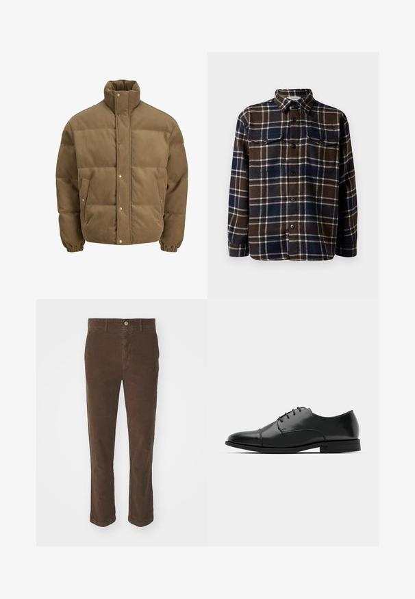 Rudos spalvos švarkas su raišteliu, turintis aukštą apykaklę, užsegamus mygtukais, elastines rankoves ir šonines kišenes, eksponuojamas ant balto fono.; Rudas ir tamsiai mėlynas languotas flanelinis marškinis su mygtukų uždarymu priekyje, dviem krūtinės kišenėmis ir klasikinio tipo apykakle. Minkšta tekstūra ir vidutinis svoris.; Rudos kordūrinius kelnes su tiesiu kirpimu, su priekyje esančia mygtuko uždarymo sistema, dviem priekinėm kišenėm ir minkšta tekstūra.; Juodas odinis džinsinis batų modelis su apvaliu galiuku, raišteliu ir subtiliomis siūlėmis, taip pat žemu kulnu. Lygus pavirčius su blizgiu apdaila.