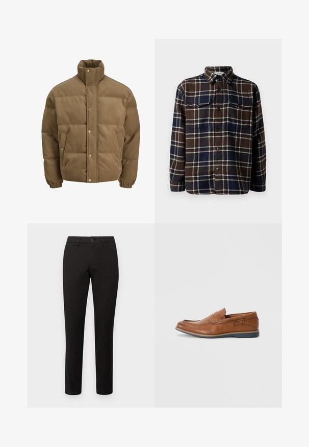 Brown corduroy puffer jacket with high collar, snap buttons, elastic cuffs, and side pockets, displayed on a white background.; Brown and navy plaid flannel shirt with a button-down front, two chest pockets, and a classic collar. Soft texture and medium weight.; Black chinos with a slim fit, made of cotton blend fabric. Features a front button closure and five pockets. Smooth texture, minimal detailing.; Brown leather loafers with a round toe, stitched accents, and a low rubber sole. The design features a band across the upper.