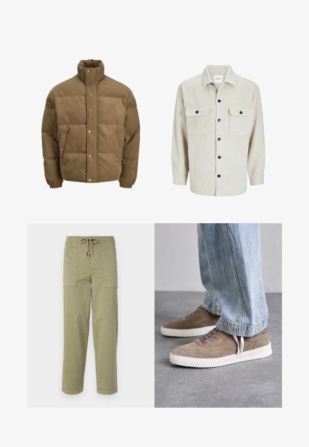 Brun kordfløyels pufferjakke med høy krage, trykknapper, elastiske mansjetter og sidelommer, vist på en hvit bakgrunn.; Beige flanellskjorte med kragehals, to brystlommer, svarte knapper og lange ermer med knappebånd.; Lys olivengrønne bukser laget av bomullsblandingsstoff, med elastisk midje og snor, samt to store sidelommer.; Brune suedetrenere med hvite gummisåler, med runde lisser og et lavprofil design. Jeans dekker delvis skoene.