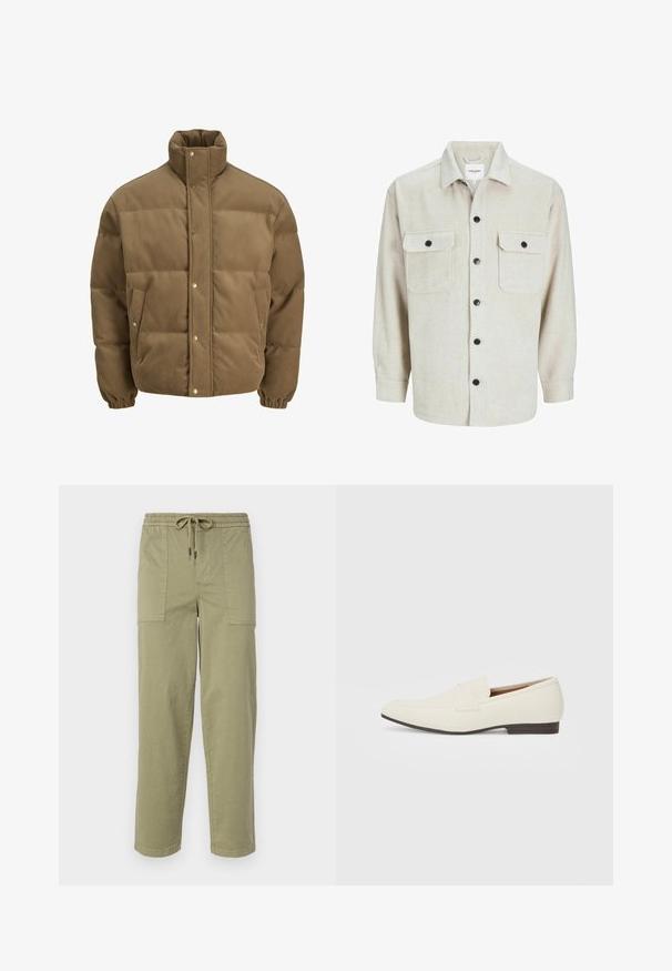 Bruine ribfluwelen pufferjack met hoge kraag, drukknoopsluiting, elastische manchetten en zijzakken, weergegeven op een witte achtergrond.; Beige flanellen overhemd met een kraaglijn, voorzien van twee borstzakken, zwarte knopen en lange mouwen met knoopmanchetten.; Licht olijfgroene broek van een katoenmix, met een elastische tailleband met trekkoord en twee grote zijzakken.; Lichtbeige loafers met een spitse neus, glad materiaal, een band over de wreef en een lage bruine zool. Eenvoudig ontwerp met minimale accenten.