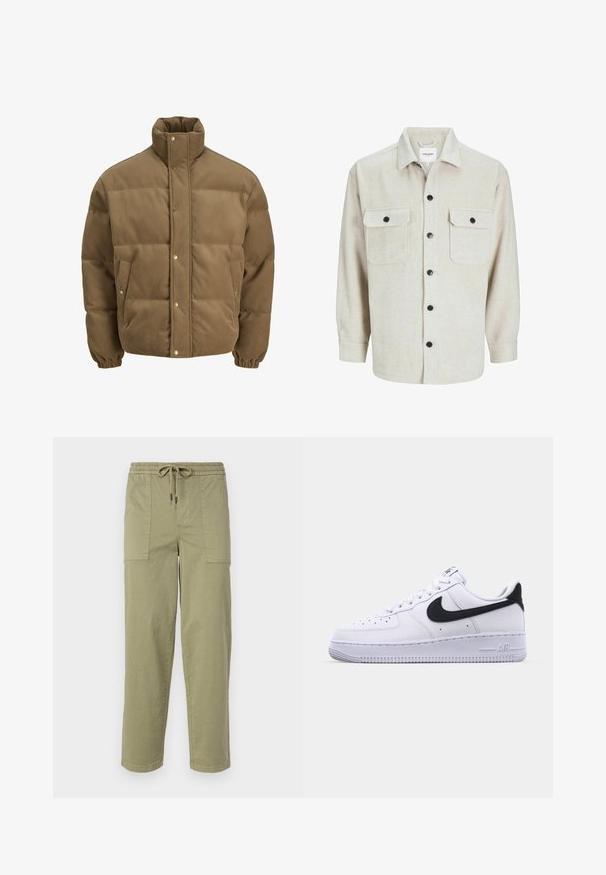 Ruskea corduroy-pufferttake, jossa on korkea kaulus, nepparit, elastiset hihansuut ja sivutaskut, esillä valkoista taustaa vasten.; Beige flanelli paita, jossa on kauluspääntie, kaksi rintataskua, mustat napit ja pitkät hihansuut nappikiristyksellä.; Vaaleanoliivinvihreät housut, jotka on valmistettu puuvillasekoitteesta. Housuissa on joustava vyötärö, joka sisältää nyörin, sekä kaksi suurta sivutaskua.; Valkoinen nahkakenkä, jossa on teksturoitu musta Swoosh, litteät nauhat ja kumipohja, jossa on uritettu malli. "AIR" on painettu kantapään kohdalle.