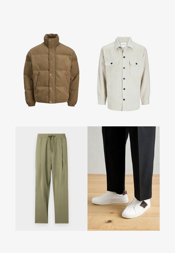 Giacca puffer in corduroy marrone con colletto alto, bottoni a pressione, polsini elasticizzati e tasche laterali, esposta su uno sfondo bianco.; Camicia di flanella beige con colletto, dotata di due tasche sul petto, bottoni neri e maniche lunghe con polsini bottonati.; Pantaloni verde oliva con vita elasticizzata e cordoncino. Presentano una texture liscia e un design plissettato per una vestibilità comoda.; Sneakers bianchi dalla texture liscia, con dettagli in pelle marrone e particolari neri, abbinati a pantaloni neri su misura. Sfondo in parquet.