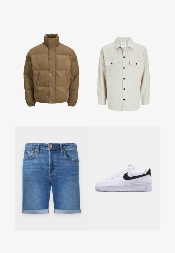 Brown corduroy puffer jacket with high collar, snap buttons, elastic cuffs, and side pockets, displayed on a white background.; Beige flannel shirt with a collared neckline, featuring two chest pockets, black buttons, and long sleeves with buttoned cuffs.; Denim shorts in a medium blue tone with rolled cuffs, five-pocket design, brass button closure, and contrasting stitching.; White leather sneaker with a textured black Swoosh, flat laces, and a rubber sole featuring a ridged pattern. "AIR" is embossed on the heel.