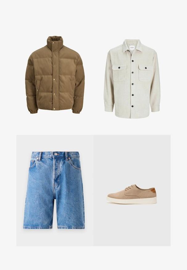 Barna kordbársony pufikabát magas gallérral, patentgombokkal, rugalmas mandzsettákkal és oldalsó zsebekkel, fehér háttéren bemutatva.; Beige flanel ing, gallérnyakkal, két mellzsebbel, fekete gombokkal és gombbal záródó hosszú ujjakkal.; Világoskék farmer sort, elhalványított mosással. Klasszikus öt zsebes kialakítással, gombos záródással és réz színű szegecsekkel rendelkezik.; Beige velúr sportcipő, kerek orral, fűzős elülső résszel és textúrált hátsó részlettel. Fehér gumitalp kontrasztot ad. Egyszerű és modern design.
